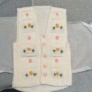 Hand Crafted Cream Knit Vest with Pink and Orange Accents